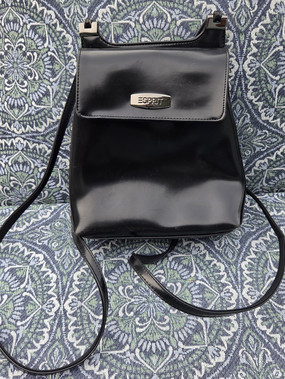 Vintage 90s Esprit Black Faux Leather Mini Backpack Flap Silver Logo Plate Y2K
